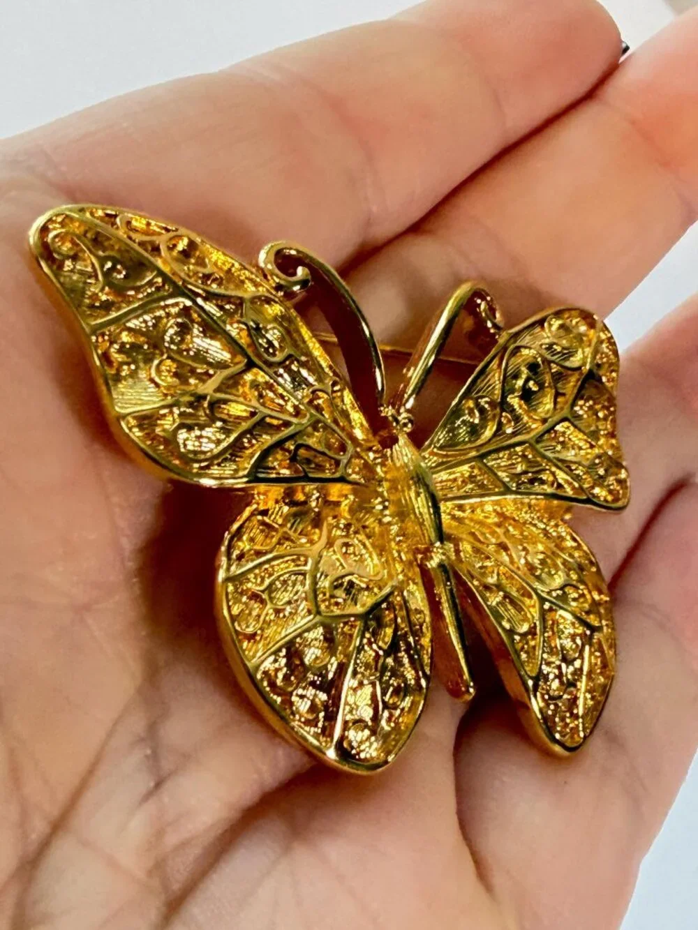 MONET Vintage Butterfly Brooch Gold Tone Filigree Butterfly Pin 2.25 inches
